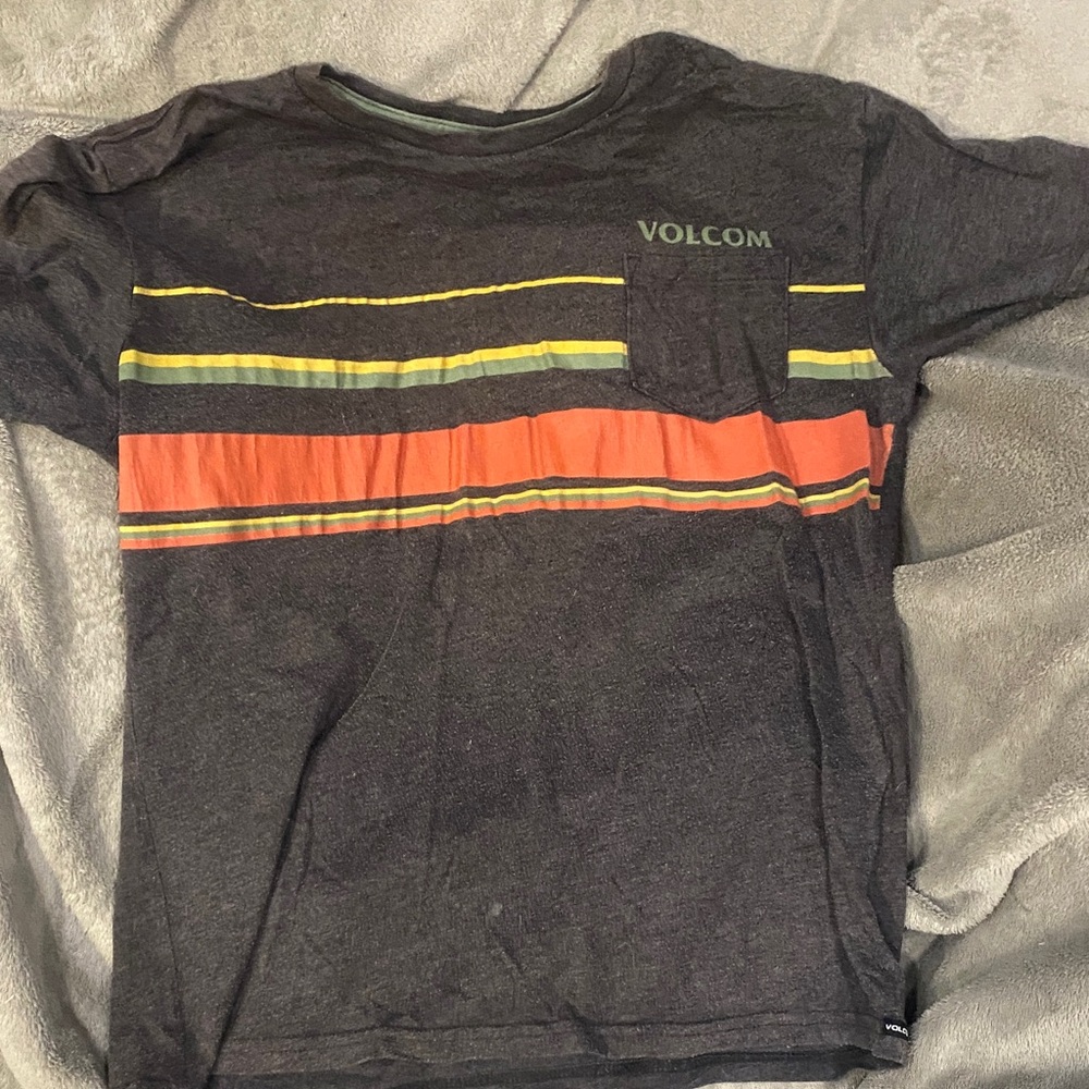 Volcom Kids' Charcoal Tee with Orange and Yellow Stripes